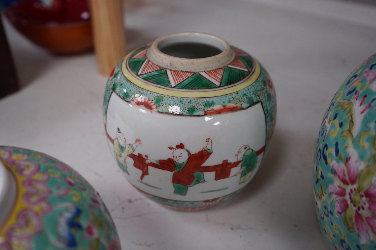 Six early 20th century Chinese enamelled porcelain jars, two with covers, largest 16cm high. Condition - fair, some cracks